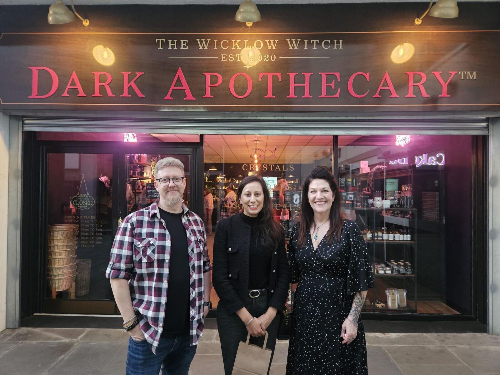 Chris [left] Sonia [centre] Jules [right] outside the new shop Dark Apothecary